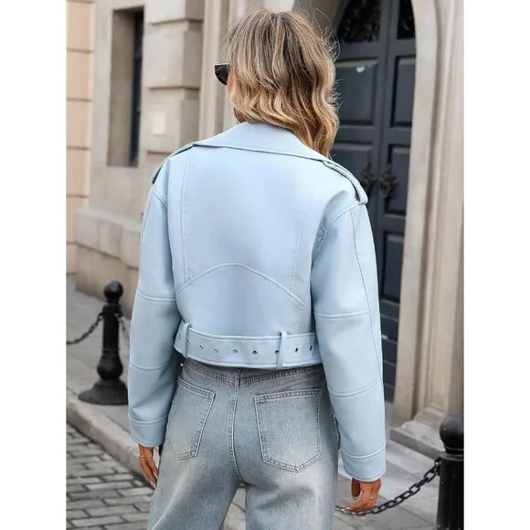 Women's Blue Faux Leather Cropped Jacket Vegan Motor Biker Coat with Belt